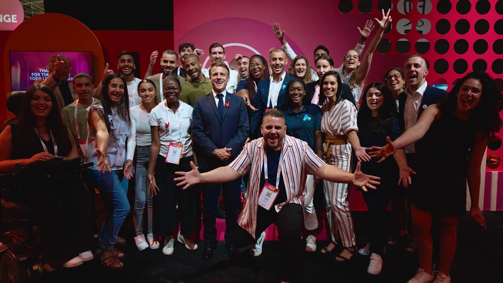 Babkine (center) with President Emmanuel Macron to his left during a visit to the Viva Tech Diversidays stage.