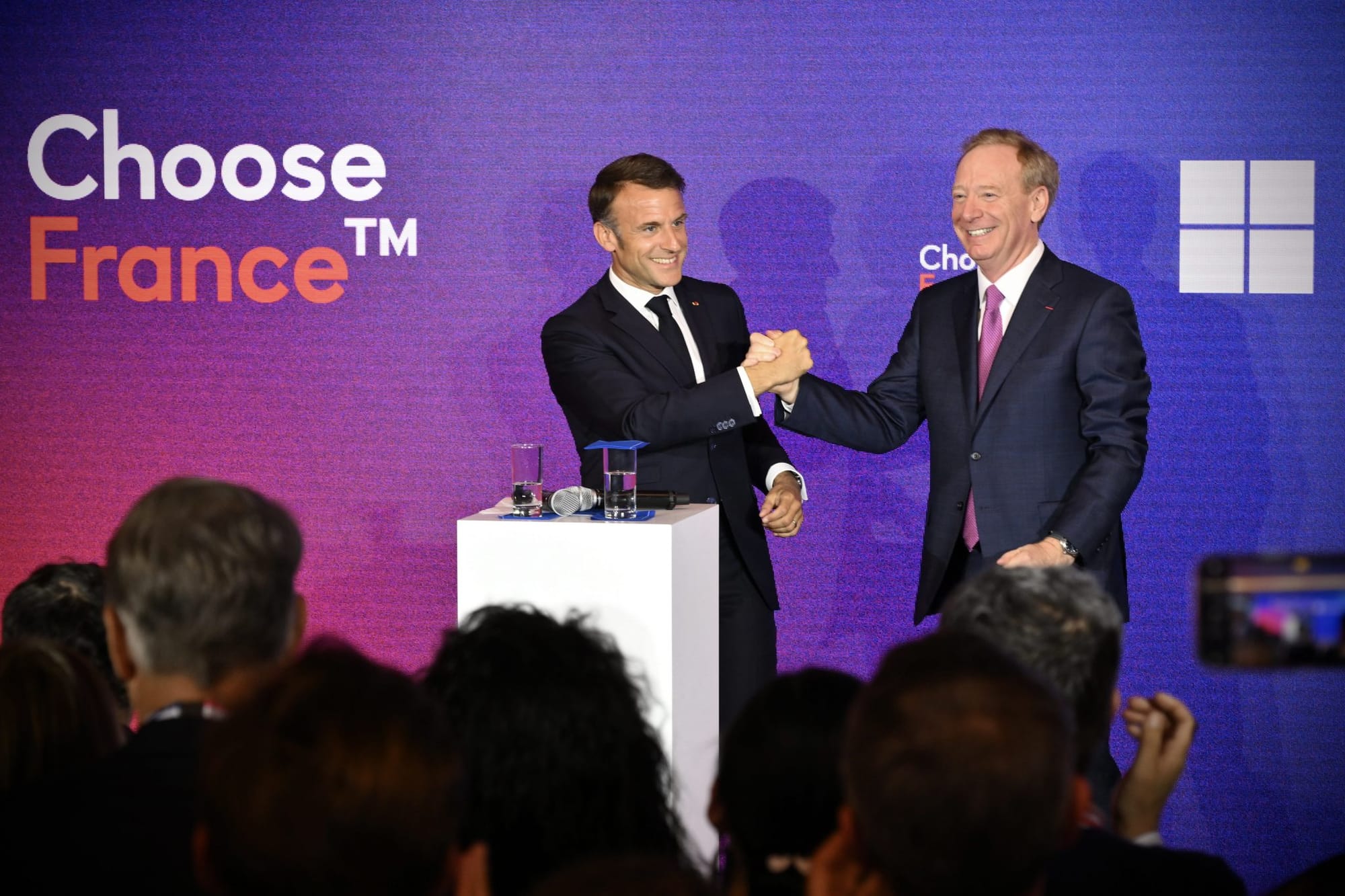 French President Emmanuel Macron and Microsoft President Brad Smith