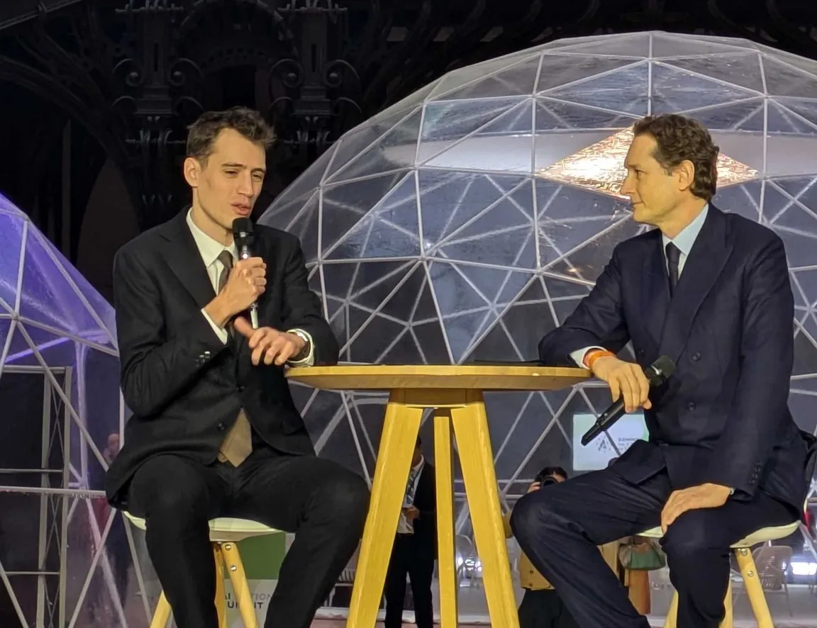 Mistral AI CEO Arthur Mensch (left) speaks at the AI Summit for Action in Paris.