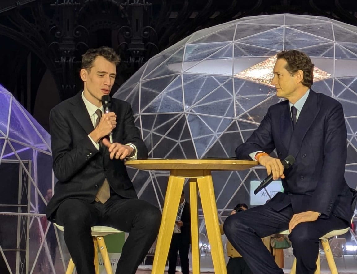 Mistral AI CEO Arthur Mensch (left) speaks at the AI Summit for Action in Paris.