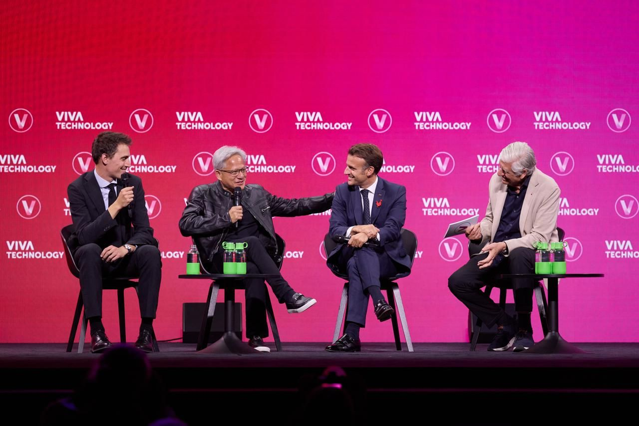 Left to right: Mensch, Huang, Macron, and Maurice Lévy