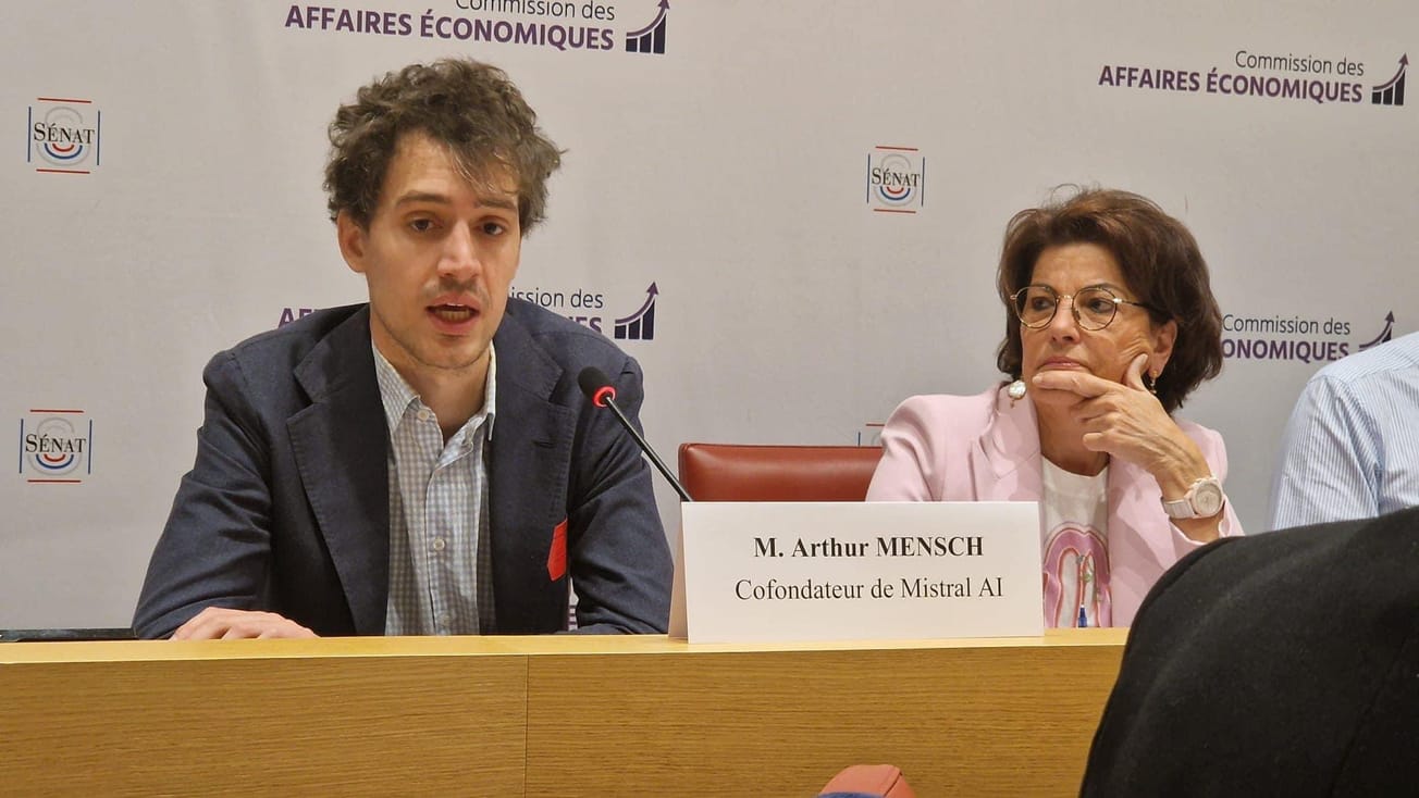 Mistral AI CEO Arthur Mensch (left) and Economic Affairs Commission President Dominique Estrosi Sassone.