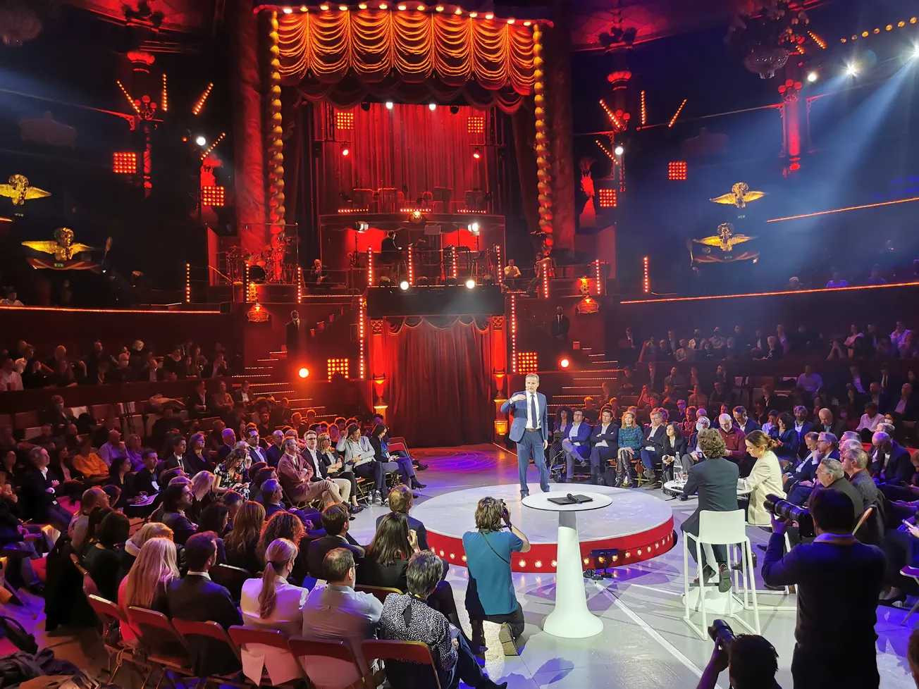 Presidential candidate Nicolas Dupont-Aignan speeks at the Cirque d'Hiver.