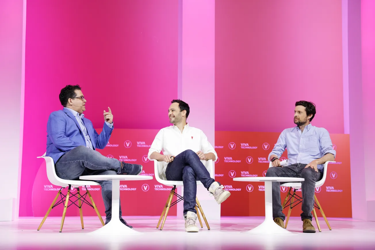 Sorare CEO Nicolas Julia (center) with Eurazeo Managing Partner Guillaume d'Audiffret (right).